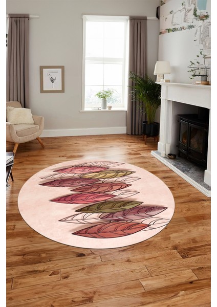 Baskılı Kaymaz Taban Yıkanabilir Yaprak Desenli Mutfak Yuvarlak Salon Halısı Y-Modern-08-Bordo