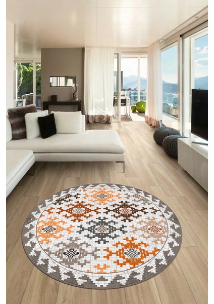 Etnik Modern Desenli Dijital Kaymaz Yıkanabilir Yuvarlak Mutfak Salon Halısı Y-Modern-14-Kahve fiyatları