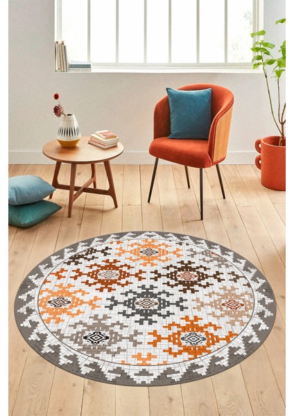 Etnik Modern Desenli Dijital Kaymaz Yıkanabilir Yuvarlak Mutfak Salon Halısı Y-Modern-14-Kahve modelleri