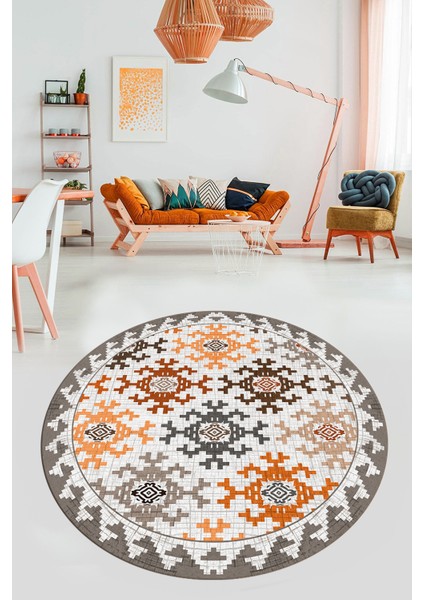 Etnik Modern Desenli Dijital Kaymaz Yıkanabilir Yuvarlak Mutfak Salon Halısı Y-Modern-14-Kahve fırsatları
