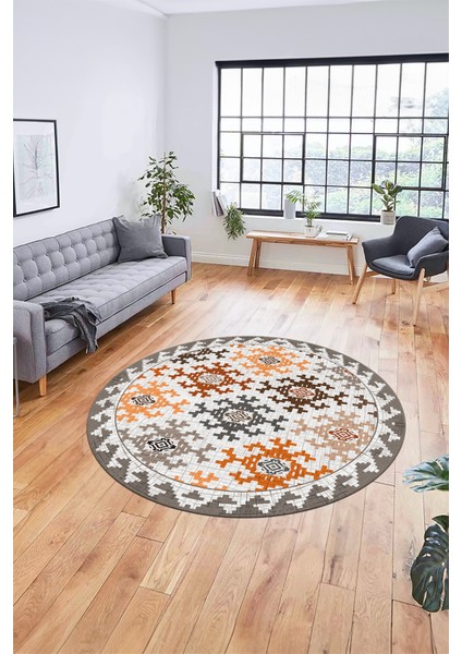 Etnik Modern Desenli Dijital Kaymaz Yıkanabilir Yuvarlak Mutfak Salon Halısı Y-Modern-14-Kahve indirimleri