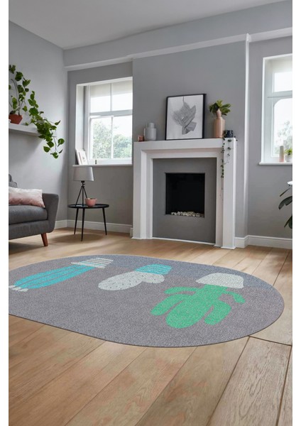 Kaktüs Desen Baskılı Kaymaz Taban Yıkanabilir Modern Oval Yolluk Salon Halısı O-MODERN-106-TURKUAZ indirimleri
