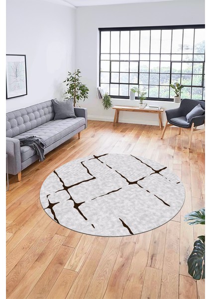 Şık Sade Modern Desenli Dijital Kaymaz Yıkanabilir Yuvarlak Mutfak Salon Halısı Y-Modern-72-Kahve