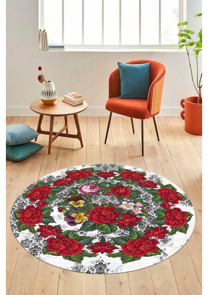 Modern Çiçek Desenli Dijital Kaymaz Yıkanabilir Yuvarlak Mutfak Salon Halısı Y-Modern-21-Beyaz fiyatları