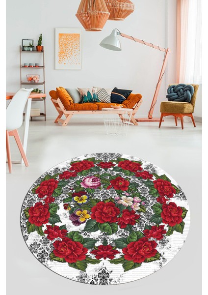 Modern Çiçek Desenli Dijital Kaymaz Yıkanabilir Yuvarlak Mutfak Salon Halısı Y-Modern-21-Beyaz modelleri