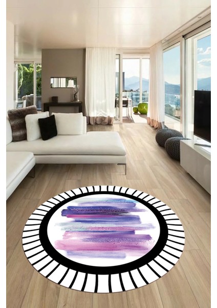 Renkli Modern Desenli Dijital Kaymaz Yıkanabilir Yuvarlak Mutfak Salon Halısı Y-Modern-22-Mor