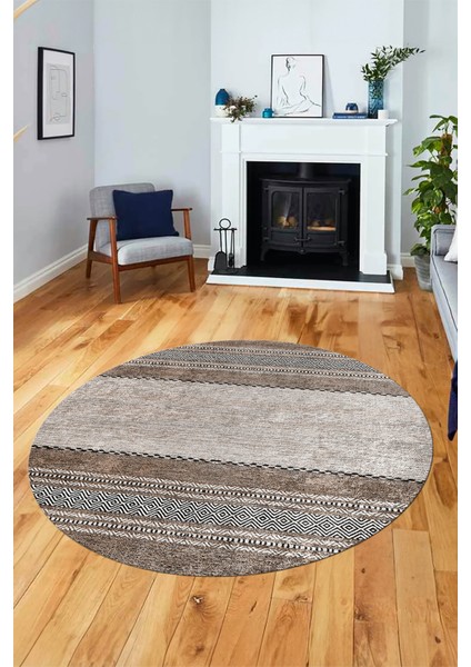 Kilim Desen Özel Tasarım Kaymaz Yıkanabilir Yuvarlak Mutfak Salon Halısı Y-Modern-83-Kahve