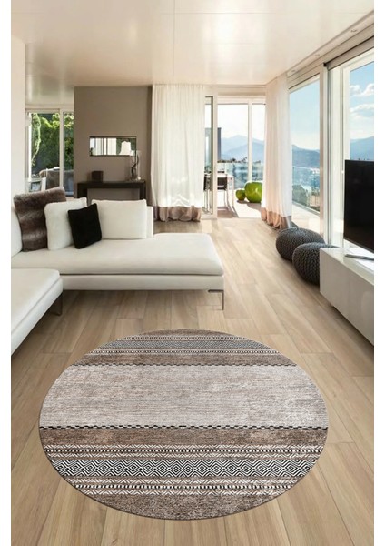 Kilim Desen Özel Tasarım Kaymaz Yıkanabilir Yuvarlak Mutfak Salon Halısı Y-Modern-83-Kahve indirimleri