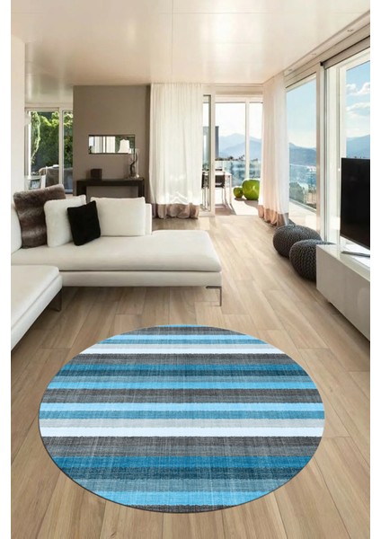 Modern Kilim Desen Dijital Kaymaz Yıkanabilir Yuvarlak Mutfak Salon Halısı Y-Modern-25-Mavi