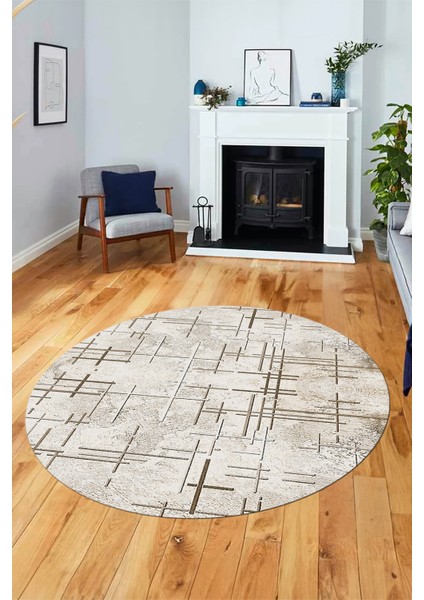 Sade Desen Modern Dijital Kaymaz Yıkanabilir Yuvarlak Mutfak Salon Halısı Y-Modern-89-Krem