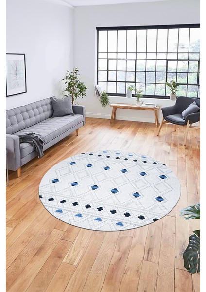 Baskılı Kaymaz Yıkanabilir Şık Kilim Desen Yuvarlak Mutfak Halısı Salon Halısı Y-Modern-65-Mavi