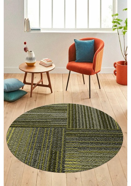 3D Modern Kilim Desen Dijital Kaymaz Yıkanabilir Yuvarlak Mutfak Salon Halısı Y-Modern-34-Yeşil