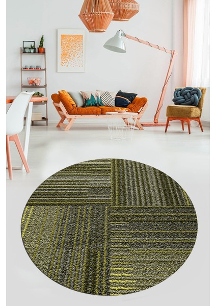 3D Modern Kilim Desen Dijital Kaymaz Yıkanabilir Yuvarlak Mutfak Salon Halısı Y-Modern-34-Yeşil