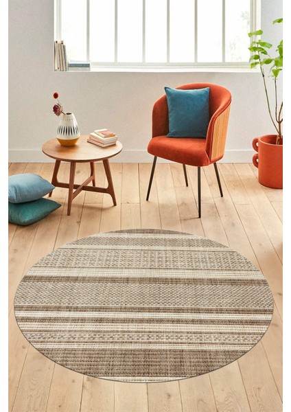 Modern Kilim Desen Dijital Kaymaz Yıkanabilir Yuvarlak Mutfak Salon Halısı Y-Modern-36-Krem