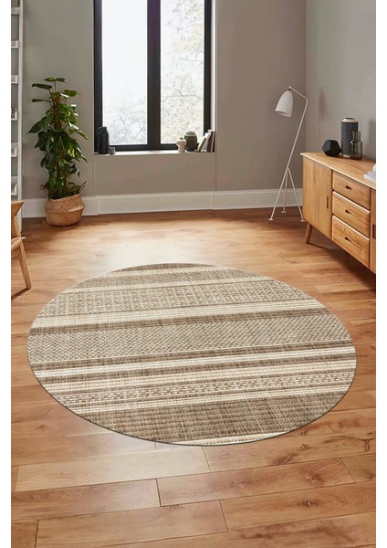 Modern Kilim Desen Dijital Kaymaz Yıkanabilir Yuvarlak Mutfak Salon Halısı Y-Modern-36-Krem indirimleri