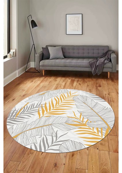 Yapraklı Baskılı Kaymaz Taban Yıkanabilir Modern Yuvarlak Salon Halısı Y-Modern-98-Gri fiyatları
