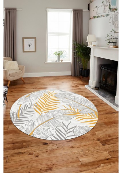 Yapraklı Baskılı Kaymaz Taban Yıkanabilir Modern Yuvarlak Salon Halısı Y-Modern-98-Gri modelleri