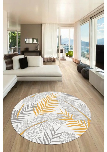 Yapraklı Baskılı Kaymaz Taban Yıkanabilir Modern Yuvarlak Salon Halısı Y-Modern-98-Gri fırsatları