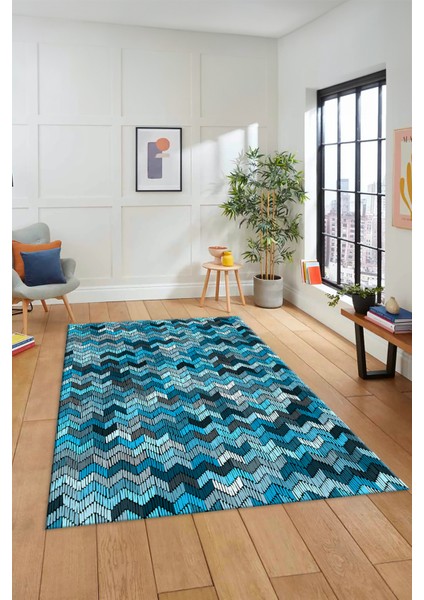 Dijital Baskılı Kaymaz Taban Yıkanabilir Renkli Modern Yolluk Mutfak Salon Halısı Modern-02-Mavi