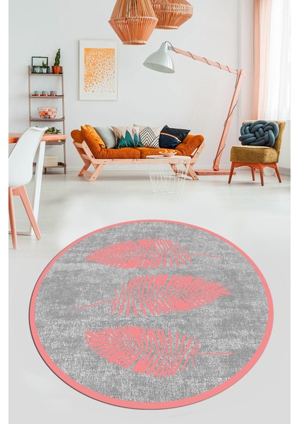 Baskılı Kaymaz Yıkanabilir Modern Yaprak Desen Yuvarlak Mutfak Salon Halısı Y-Modern-41-Pembe fiyatları