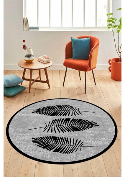 Baskılı Kaymaz Yıkanabilir Modern Yaprak Desen Yuvarlak Mutfak Salon Halısı Y-Modern-41-Siyah