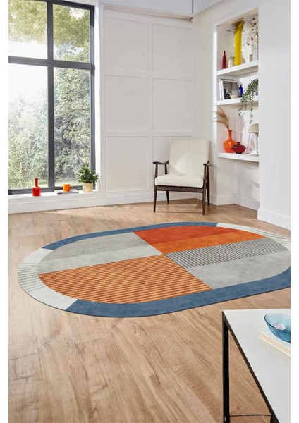 Baskılı Kaymaz Taban Yıkanabilir Modern Şık Oval Yolluk Mutfak Salon Halısı O-MODERN-107-RENKLİ