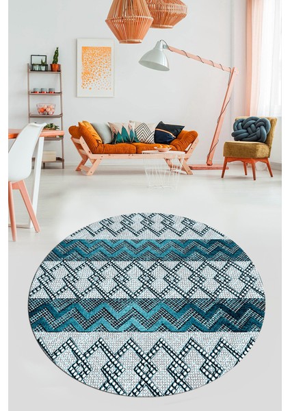 Baskılı Kaymaz Yıkanabilir Şık Yuvarlak Mutfak Halısı Salon Halısı Y-Modern-56-Mavi
