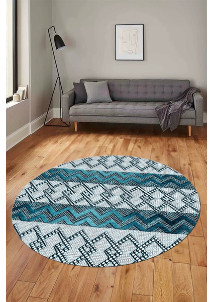 Baskılı Kaymaz Yıkanabilir Şık Yuvarlak Mutfak Halısı Salon Halısı Y-Modern-56-Mavi indirimleri