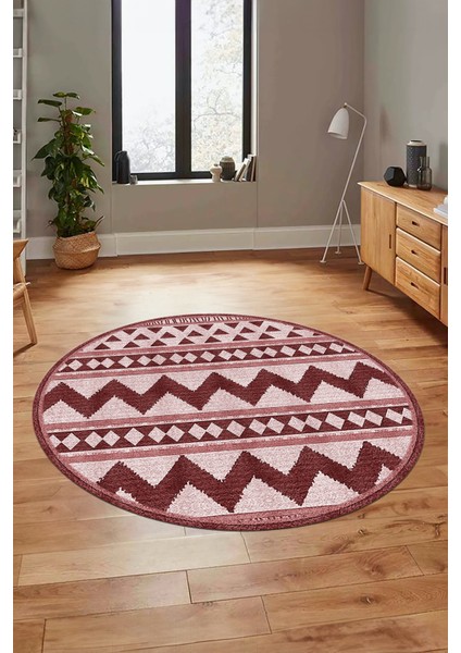 Kilim Desen Baskılı Kaymaz Taban Yıkanabilir Modern Yuvarlak Salon Halısı Y-MODERN-105-BORDO