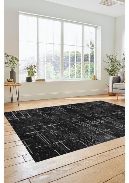 Sade Desen Modern Dijital Kaymaz Yıkanabilir Yolluk Mutfak Salon Halısı Modern-89-Siyah