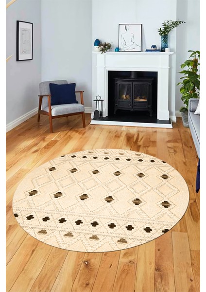 Baskılı Kaymaz Yıkanabilir Şık Kilim Desen Yuvarlak Mutfak Halısı Salon Halısı Y-Modern-65-Krem fiyatları