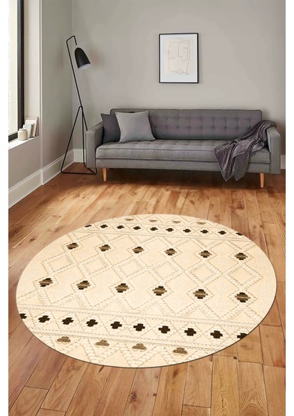 Baskılı Kaymaz Yıkanabilir Şık Kilim Desen Yuvarlak Mutfak Halısı Salon Halısı Y-Modern-65-Krem fırsatları