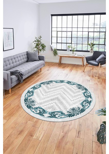 Baskılı Kaymaz Yıkanabilir Modern Çiçekli Desen Yuvarlak Salon Halısı Y-Modern-49-Mavi