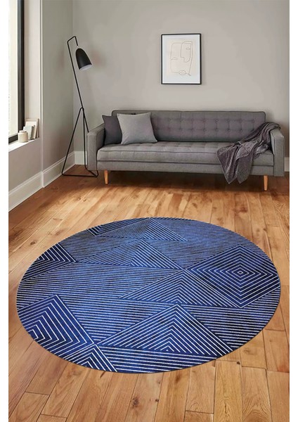 Şık Desen Baskılı Kaymaz Taban Yıkanabilir Modern Yuvarlak Salon Halısı Y-MODERN-111-MAVİ