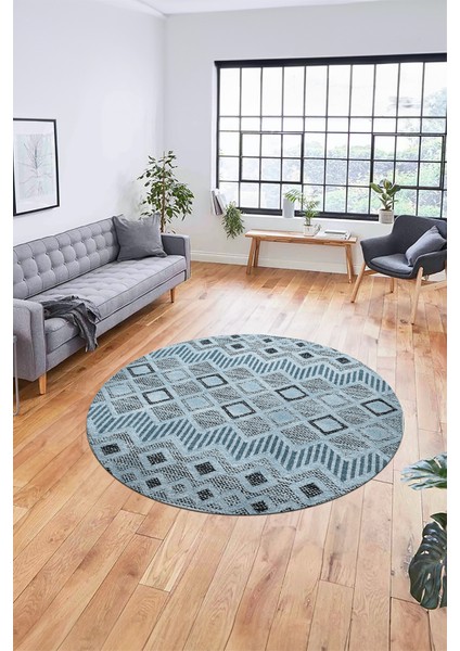 Baskılı Kaymaz Yıkanabilir Şık Kilim Desen Yuvarlak Mutfak Halısı Salon Halısı Y-Modern-67-Mavi