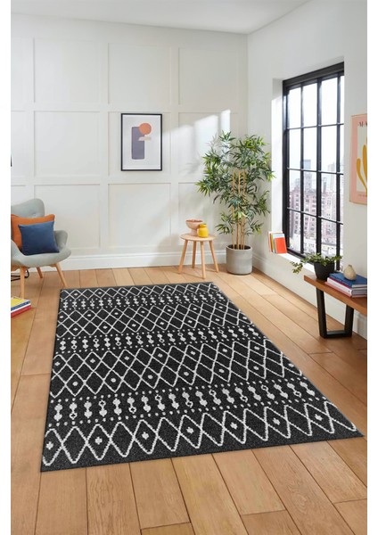 3D Kilim Desen Özel Dijital Kaymaz Yıkanabilir Yolluk Mutfak Salon Halısı Modern-84-Antrasit