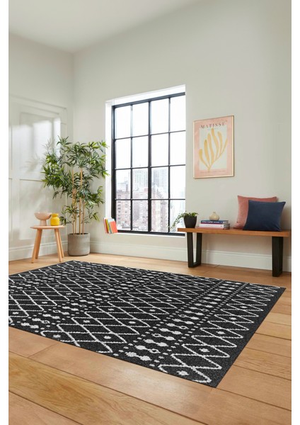 3D Kilim Desen Özel Dijital Kaymaz Yıkanabilir Yolluk Mutfak Salon Halısı Modern-84-Antrasit