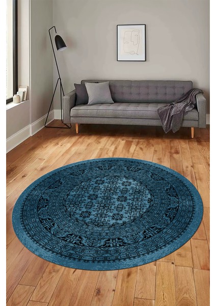 Etnik Desen Baskılı Kaymaz Taban Yıkanabilir Modern Yuvarlak Salon Halısı Y-MODERN-113-MAVİ