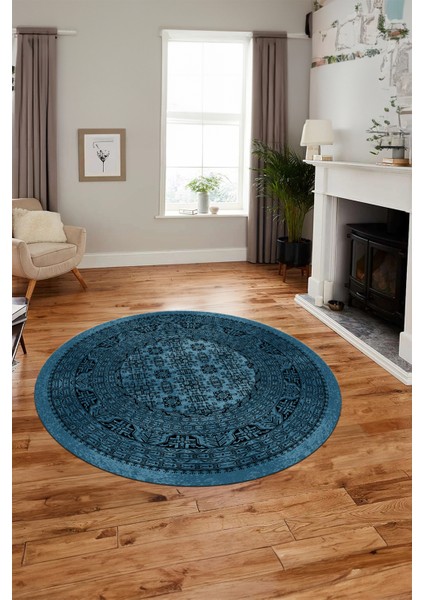 Etnik Desen Baskılı Kaymaz Taban Yıkanabilir Modern Yuvarlak Salon Halısı Y-MODERN-113-MAVİ fiyatları