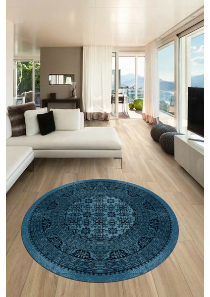 Etnik Desen Baskılı Kaymaz Taban Yıkanabilir Modern Yuvarlak Salon Halısı Y-MODERN-113-MAVİ modelleri