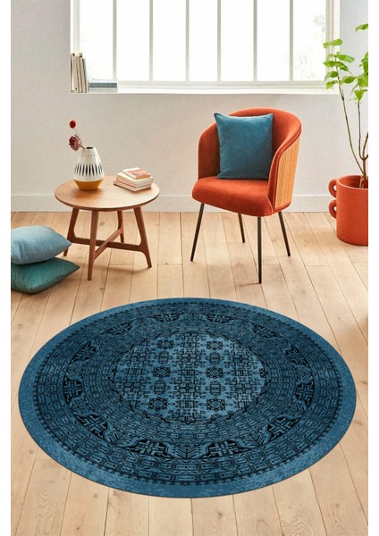Etnik Desen Baskılı Kaymaz Taban Yıkanabilir Modern Yuvarlak Salon Halısı Y-MODERN-113-MAVİ fırsatları