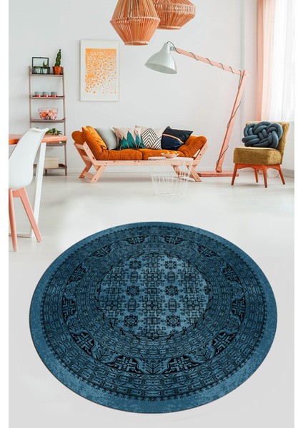 Etnik Desen Baskılı Kaymaz Taban Yıkanabilir Modern Yuvarlak Salon Halısı Y-MODERN-113-MAVİ indirimleri