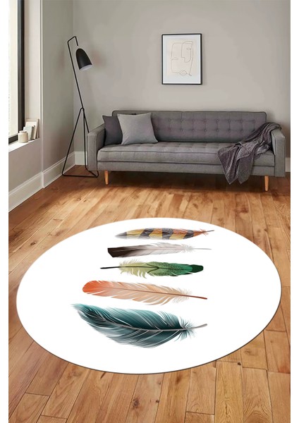 Yaprak Desen Baskılı Kaymaz Taban Yıkanabilir Modern Yuvarlak Salon Halısı Y-MODERN-114-BEYAZ