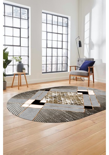 Şık Modern Desenli Dijital Kaymaz Yıkanabilir Oval Yolluk Mutfak Salon Halısı O-Modern-12-Kahve fiyatları
