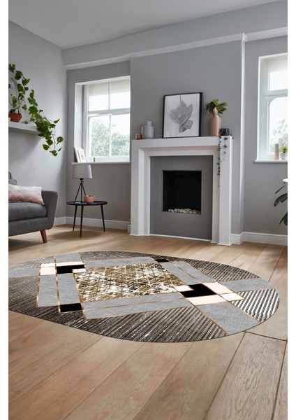 Şık Modern Desenli Dijital Kaymaz Yıkanabilir Oval Yolluk Mutfak Salon Halısı O-Modern-12-Kahve fırsatları