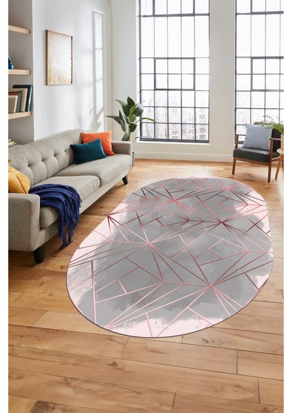 3D Baskılı Kaymaz Yıkanabilir Sade Desen Oval Yolluk Mutfak Salon Halısı O-Modern-44-Pembe