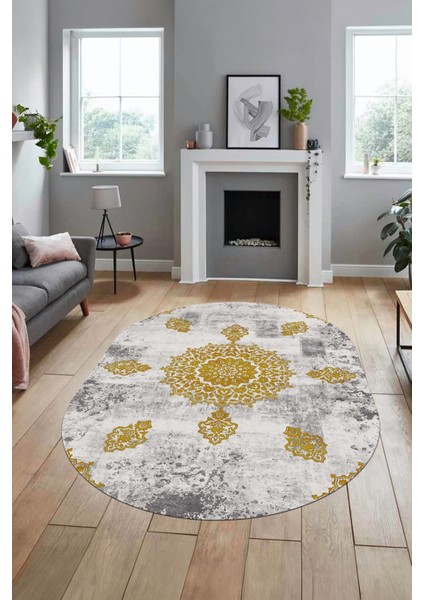 Baskılı Kaymaz Yıkanabilir Oval Koridor Halısı Mutfak Halısı Salon Halısı O-Modern-45-Gold