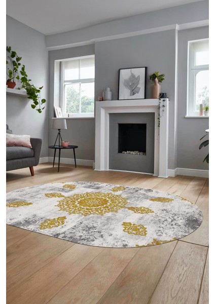 Baskılı Kaymaz Yıkanabilir Oval Koridor Halısı Mutfak Halısı Salon Halısı O-Modern-45-Gold fiyatları