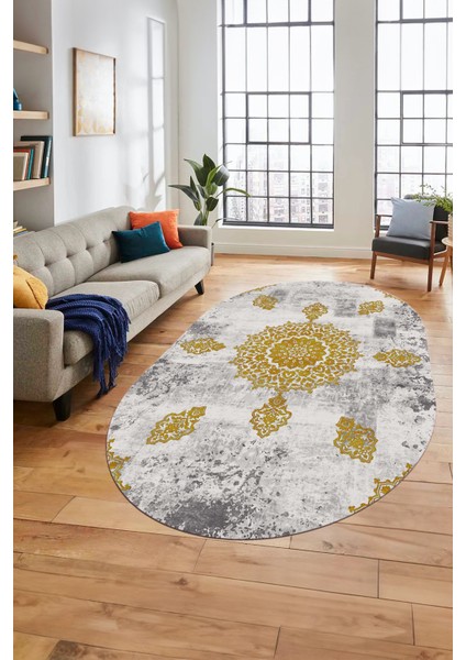 Baskılı Kaymaz Yıkanabilir Oval Koridor Halısı Mutfak Halısı Salon Halısı O-Modern-45-Gold modelleri