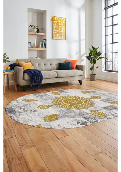 Baskılı Kaymaz Yıkanabilir Oval Koridor Halısı Mutfak Halısı Salon Halısı O-Modern-45-Gold fırsatları